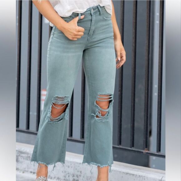 Vervet 90's Vintage Loose Fit Crop Flare Distressed Teal Green Wash Jean Size 30 - Picture 1 of 13